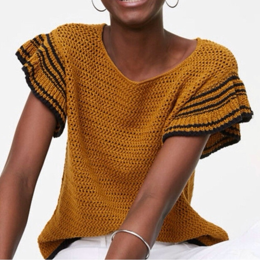 LOFT Crochet Sweater Top XSP‎ Mustard Yellow Ruffle Sleeve Boho Chic Summer